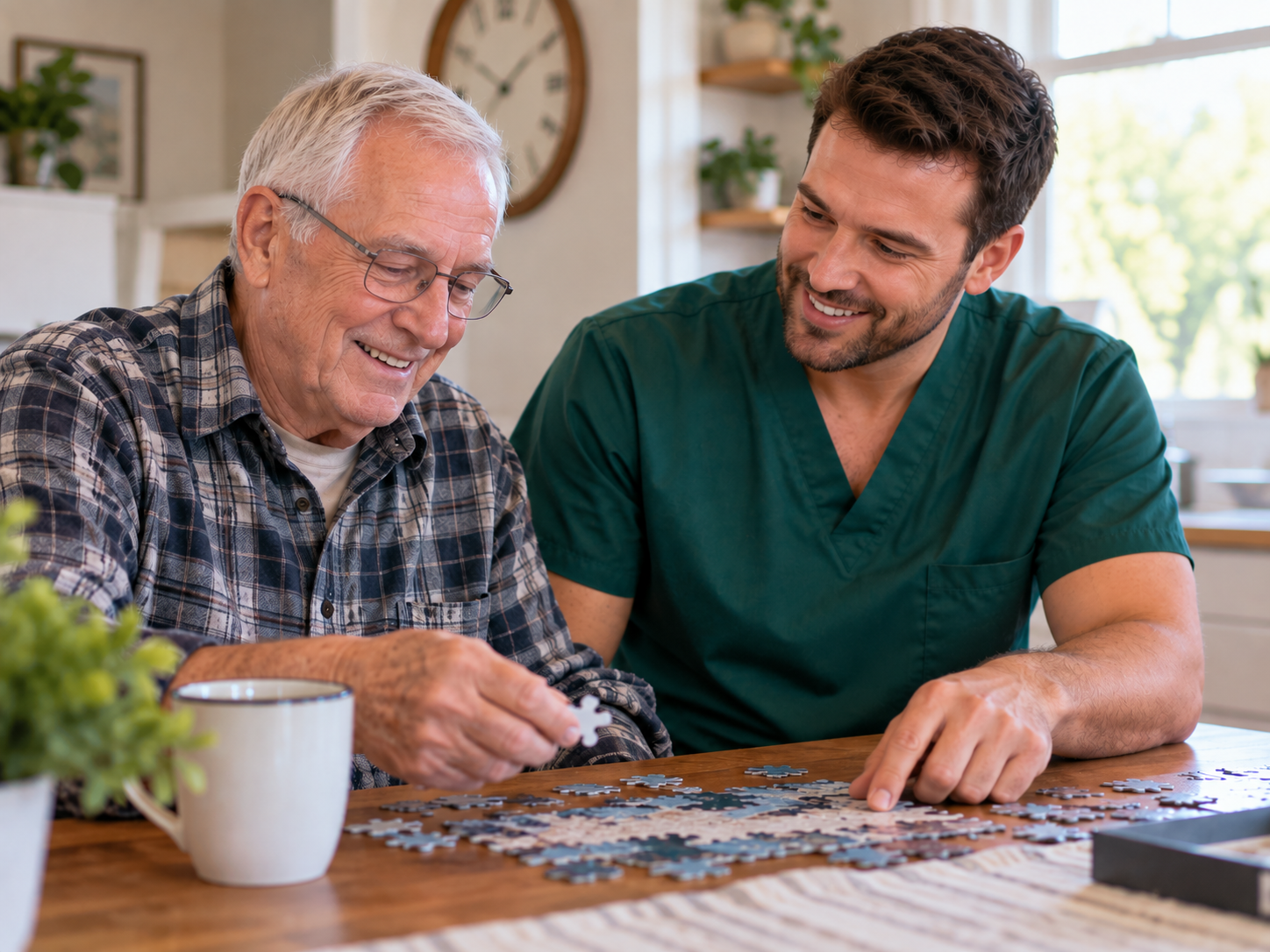 Nurse working on a puzzle with a client